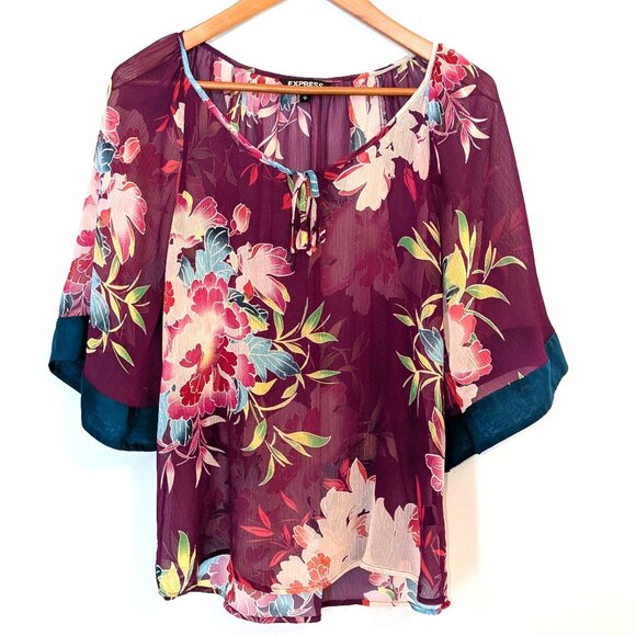 Express	| Sheer Kimono Sleeve Purple Tropical Floral Print Blouse | Size Small - Picture 7 of 15